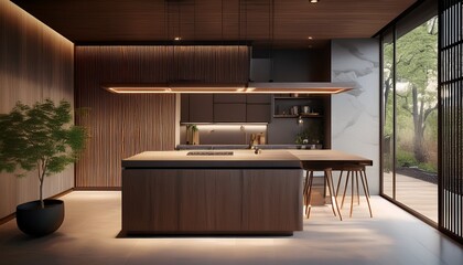 japandi style kitchen dark wood cabinetry with vertical slat accents floating stone island with integrated led underlighting woven pendant lights