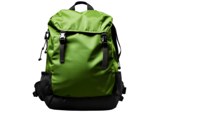 Green hiking backpack with black straps and base, cut out transparent