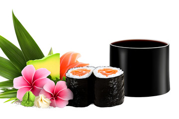 Sushi maki with salmon, avocado, flowers and soy sauce, cut out transparent