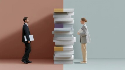 A splitscreen visualization on one side a traditional recruitment process revealing a stack of resumes with visible bias skewing selections