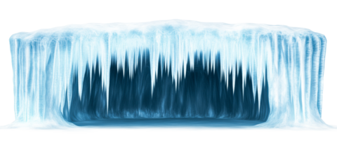 Frozen icy stage backdrop, textured glacier cavern scene, cut out transparent
