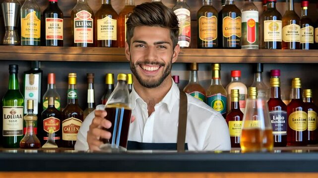 Bartender with a Smile:  A smiling, friendly bartender in a bar setting, prepares a drink for a customer, showcasing hospitality and professionalism in a relaxed, welcoming atmosphere.