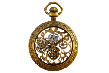 Ornate gold pocket watch, open mechanism, timeless elegance, cut out transparent