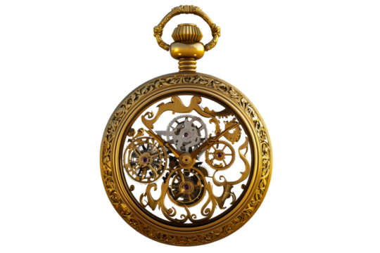 Ornate gold pocket watch, open mechanism, timeless elegance, cut out transparent