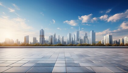 empty marble floor overlooking modern city skyline under blue sky