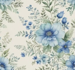 Subtle blue & green watercolor floral pattern on creamy white, intricate detail , watercolor,  flowers,  art