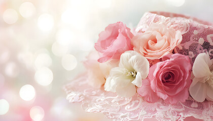 Delicate pink hat adorned with flowers for spring. A beautiful pink hat embellished with fresh flowers sits gently on a soft surface capturing the essence of springtime elegance and charm