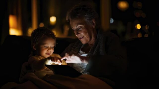 A serene nighttime atmosphere where a grandchild rests on a grandparents lap both mesmerized by the glowing screen of an interactive storybook app that communicates in multiple languages