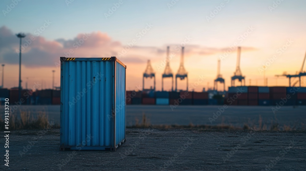 Poster Single shipping container at sunset with port cranes and containers in background.