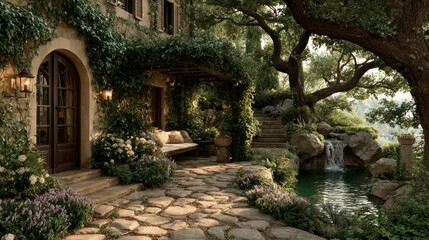 Charming Garden Retreat with Stone Pathway Waterfall and Lush Vegetation