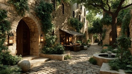 Fototapeta premium Charming Medieval Courtyard with Stone Walls Cobblestone Path and Lush Greenery