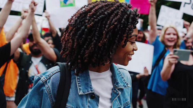 Joyful protesters march enthusiastically with signs advocating for change in urban rally