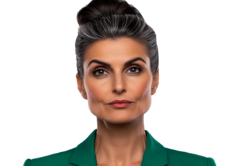Serious woman portrait, medium skin, grey hair, green jacket, cut out transparent