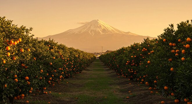 Orange grove with rows of trees full of ripe fruit against a majestic mountain view