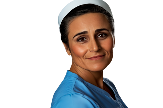 Nurse portrait, medical professional in uniform smiling, cut out transparent