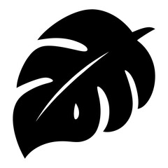 Black Silhouette of Monstera Leaf with Cutouts, Bold black silhouette of a monstera leaf featuring characteristic cutouts, isolated on a white background for clear contrast.
