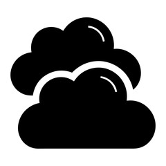 Black Silhouette of Two Overlapping Clouds Icon, Simple black silhouette of two overlapping clouds, representing cloudy weather or overcast sky, isolated on white background.

