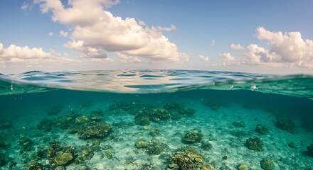 Underwater coral reef landscape with clear ocean water and sky  