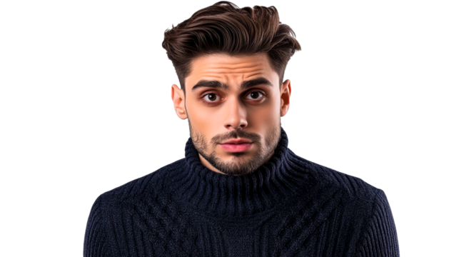 Intense man portrait in dark sweater, looking at camera, cut out transparent