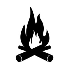 Stylized Black Silhouette of Campfire with Two Logs on White Background