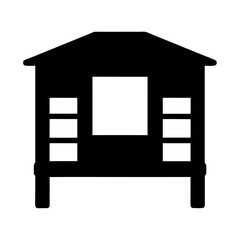 Black silhouette of small house structure, with posts, windows and roof