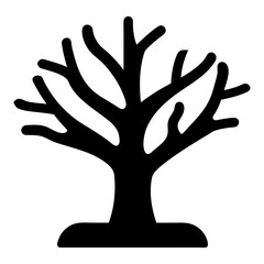 A stark silhouette of a leafless tree against a white background