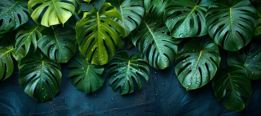 Fototapeta premium Palm leaves on a dark surface, ideal for tropical and exotic-themed decor