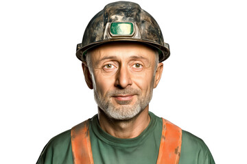 Smiling Worker Wearing Mining Helmet and Gear, cut out transparent