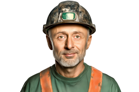 Smiling Worker Wearing Mining Helmet and Gear, cut out transparent