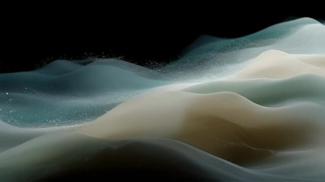 A dynamic visualization of the supplydemand relationship featuring translucent surfaces contoured like ocean waves undulating rhythmically beneath a cloud of glowing tracer dust that