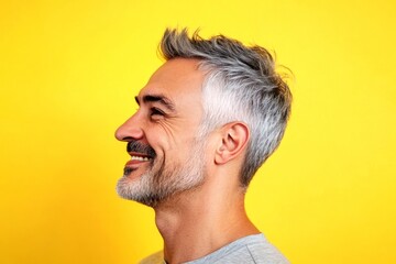 Obraz premium Conceptual art of style for aging men. Yellow solid background. A handsome man in his 40s with a radiant smile. Modish men's low fade haircut - midlife arabian man with middle hair.