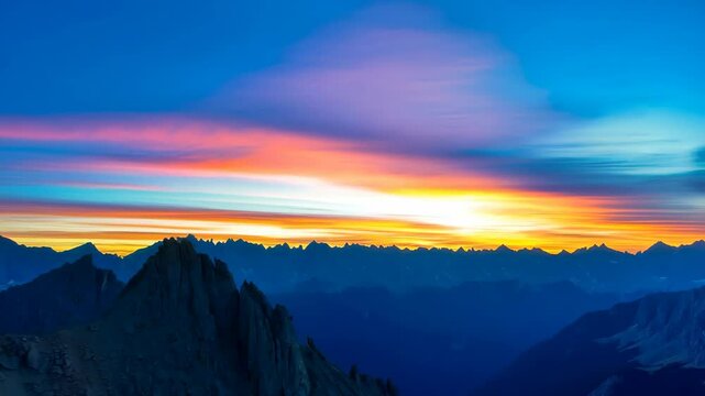 Striking dawn over rugged mountain range with vivid orange, pink, purple and blue cloudscape reflecting sunlight.