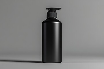 A sleek, matte-black plastic pump bottle stands on a neutral gray background, casting a subtle shadow.  Its simple, cylindrical design is unlabeled