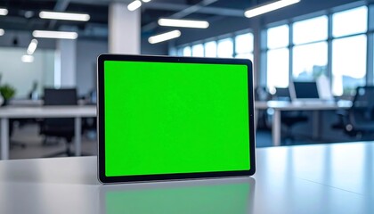 Green screen tablet with modern office.