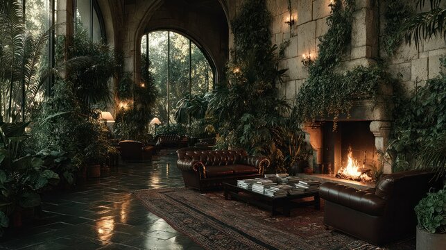 Cozy Indoor Oasis A Luxurious Living Room with Fireplace Leather Furniture and Lush Greenery