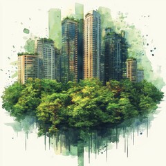 Obraz premium Lush Green Island City Watercolor Painting of Modern Skyscrapers and Nature