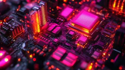 Obraz premium Intricate circuit board glowing with vibrant neon lights.