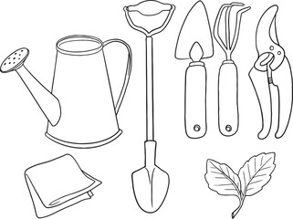 Set of essential gardening tools: watering can, shovel, trowel, hand fork, pruning shears, and a pair of leaves. Simple outline vector illustration for gardening.