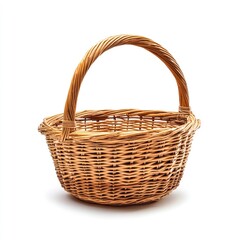 A rustic, round wicker basket with a sturdy handle