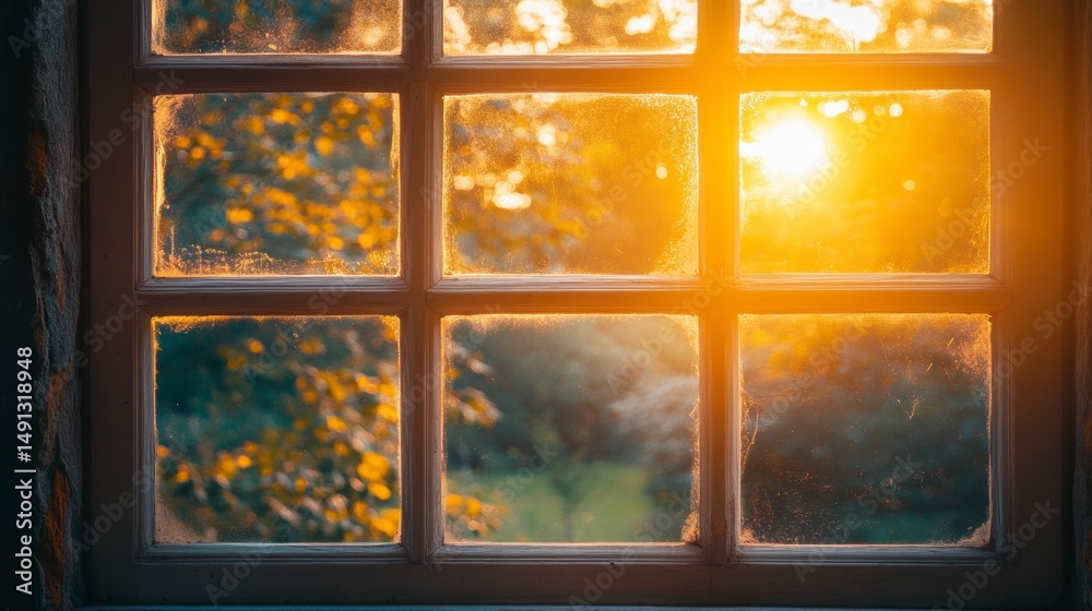 Poster Sunset view through a rustic window pane.