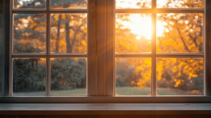 Fototapeta premium Warm sunset light through a window pane, autumnal foliage outside.