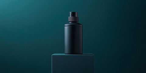 Dark, cylindrical bottle with pump dispenser on teal cube against a teal background; minimalist product shot