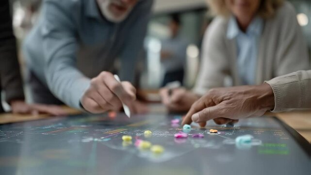 Closeup of hands from multiple stakeholders placing colored markers on a transparent roadmap overlay while an AI assistant suggests modifications based on data analysis facilitating