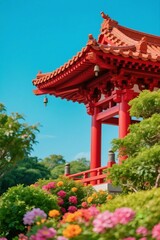 Fototapeta premium Traditional Red Chinese Pavilion Surrounded by Beautiful Flowers, Garden,