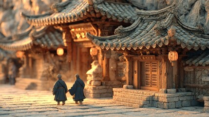 Two figures in traditional attire walking through an ancient village at sunset evoking a sense