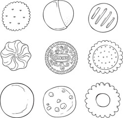Nine outline illustrations of different round cookies and biscuits with various decorations and textures. Simple vector set for bakery and snack designs.
