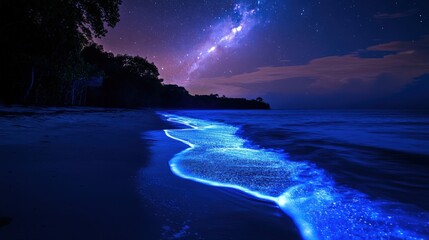 Luminescent beach waves under a starry night sky.