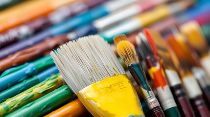 Fototapeta premium Row of artist paintbrushes closeup. Artistic brushes smeared with paints, isolated.