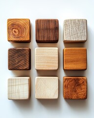 Nine Wooden Blocks in a Grid Pattern on White Background