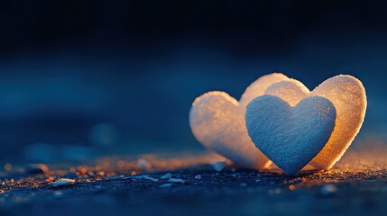 Fototapeta premium Two illuminated heart-shaped objects resting on a dark surface.
